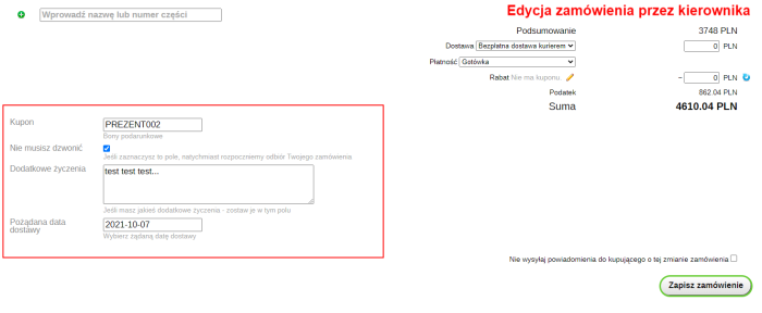 Dowolne pola zamówienia