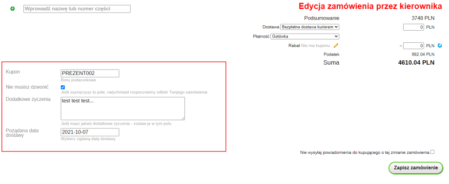 Dowolne pola zamówienia Dowolne pola zamówienia
