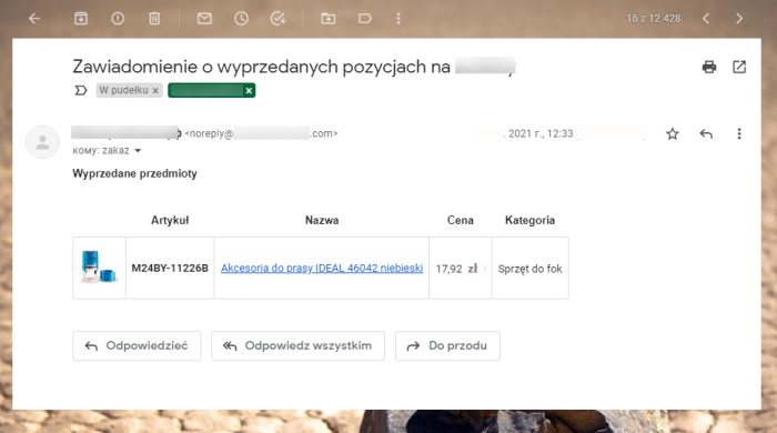 Powiadomienie o wyprzedanych towarach