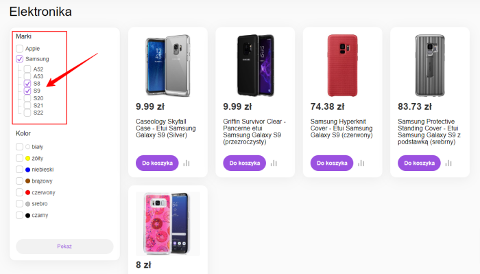 Dwupoziomowy filtr w kategoriach