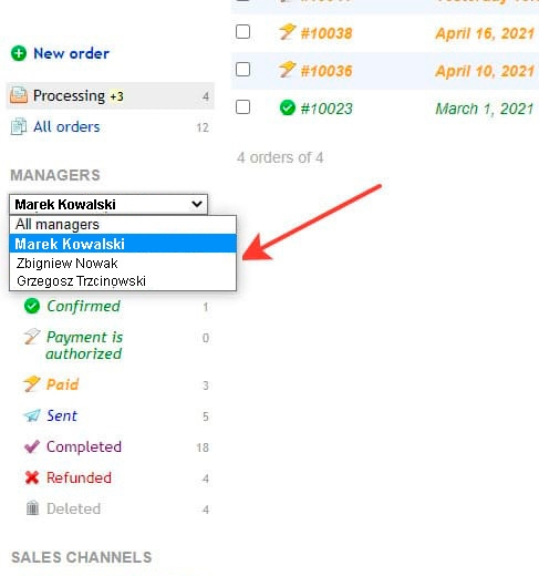 Zamówienia według menedżerów
