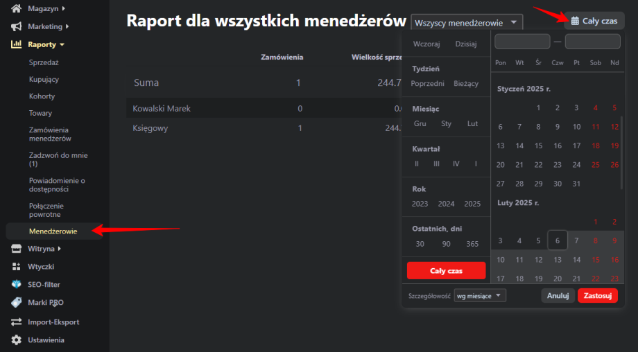Zamówienia według menedżerów Zamówienia według menedżerów