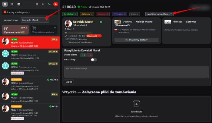 Zamówienia według menedżerów