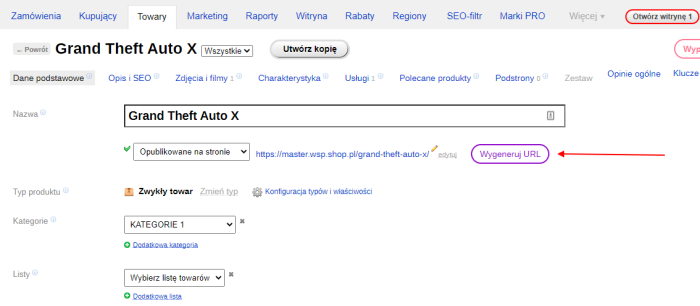 Generowanie URL w karcie produktu