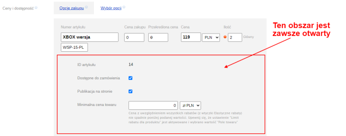 Otwieranie ustawień artykułów