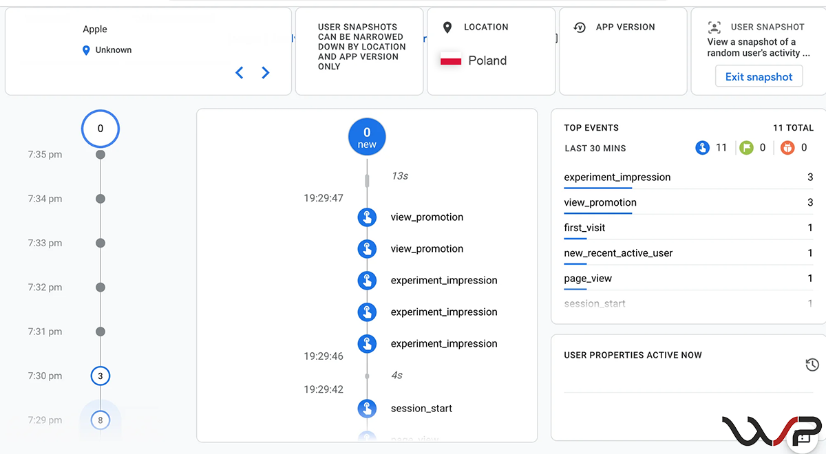 Google Analytics dla e-commerce - widok migawki użytkownika w GA4