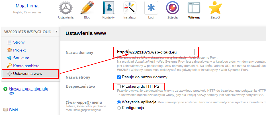 Sekcja Ustawienia www