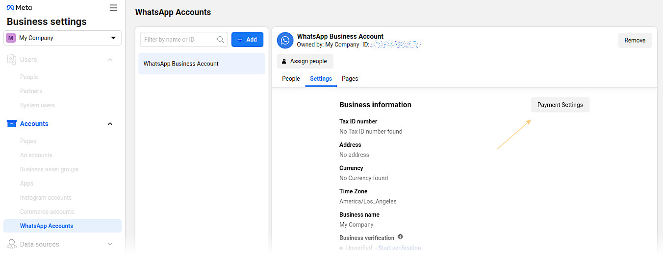 Sekcja Accounts → WhatsApp Accounts → [account] → Settings → Payment Settings