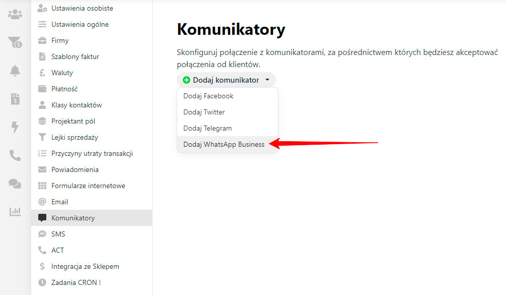 Sekcja CRM → Ustawienia → Komunikatory