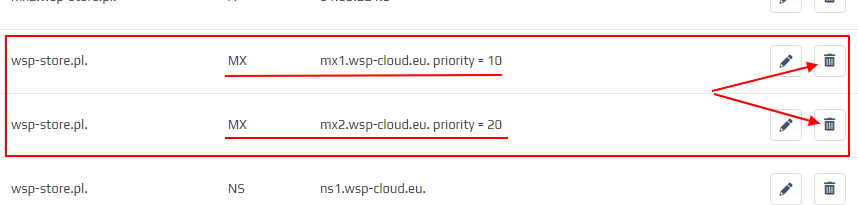 Usuń rekordy MX