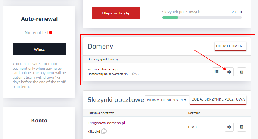 Konfigurowanie rekordów DNS - blok Domeny