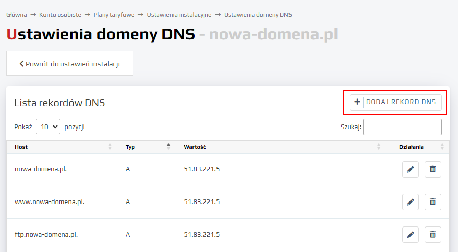 Konfigurowanie rekordów DNS - dodawanie nowego rekordu