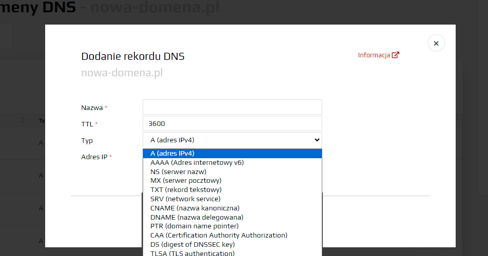 Konfigurowanie rekordów DNS - wybór typu rekordu