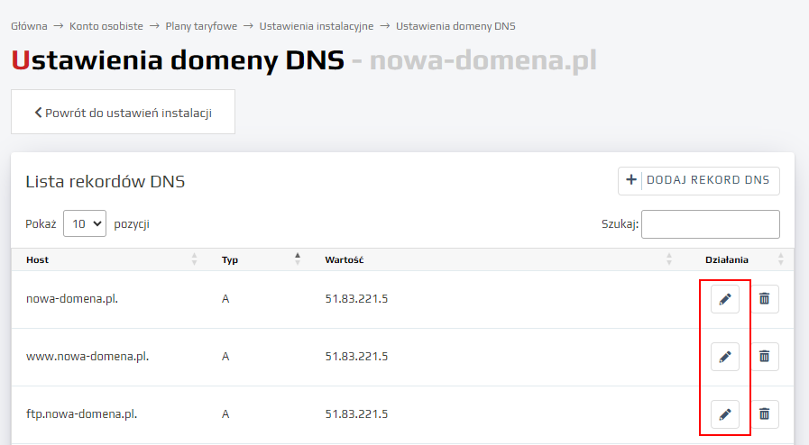 Konfigurowanie rekordów DNS - tworzenie