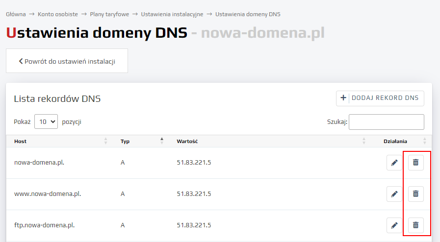 Konfigurowanie rekordów DNS - usunięcie