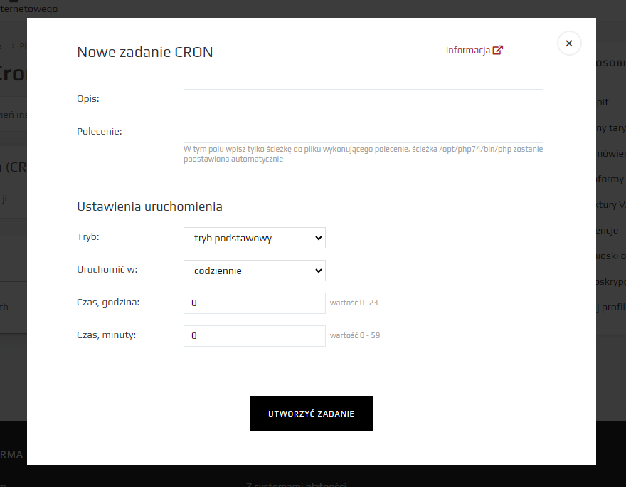 Konfigurowanie zadania CRON - wyskakujące okienko z formularzem