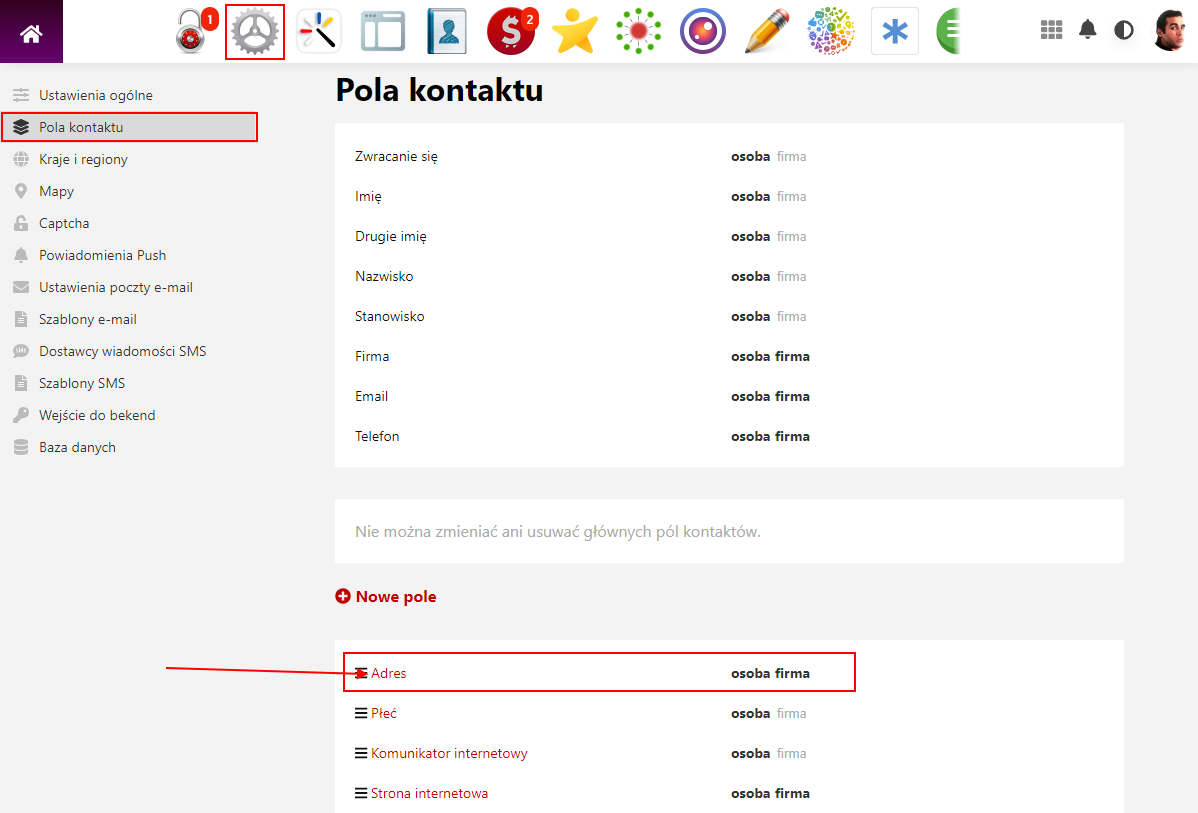 Pola kontaktu - Ustawienia