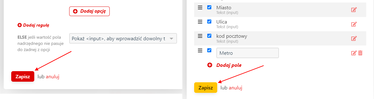 Zapisz ustawienia Pola zależne w profilu klienta