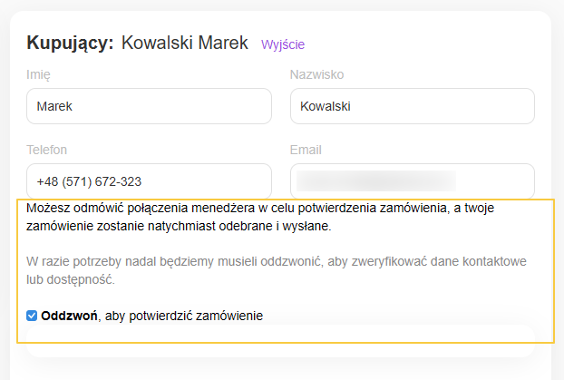 Oddzwoń, aby potwierdzić zamówienie
