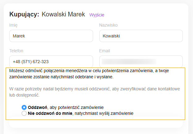 Nie oddzwoń do mnie, natychmiast wyślij zamówienie