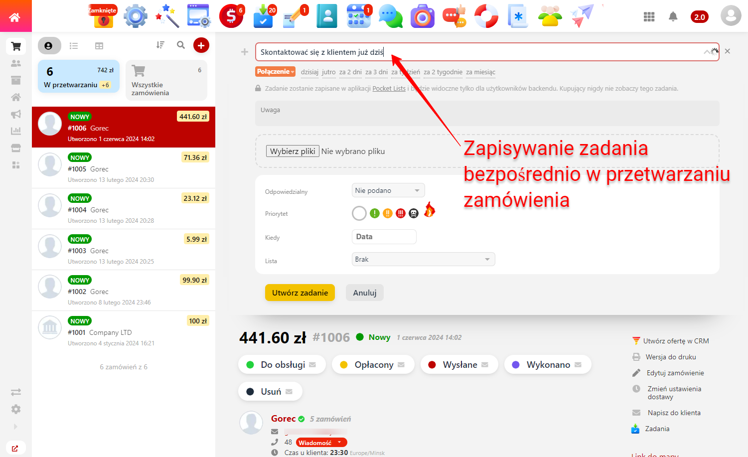 Zapisywanie zadania bezpośrednio w przetwarzaniu zamówienia