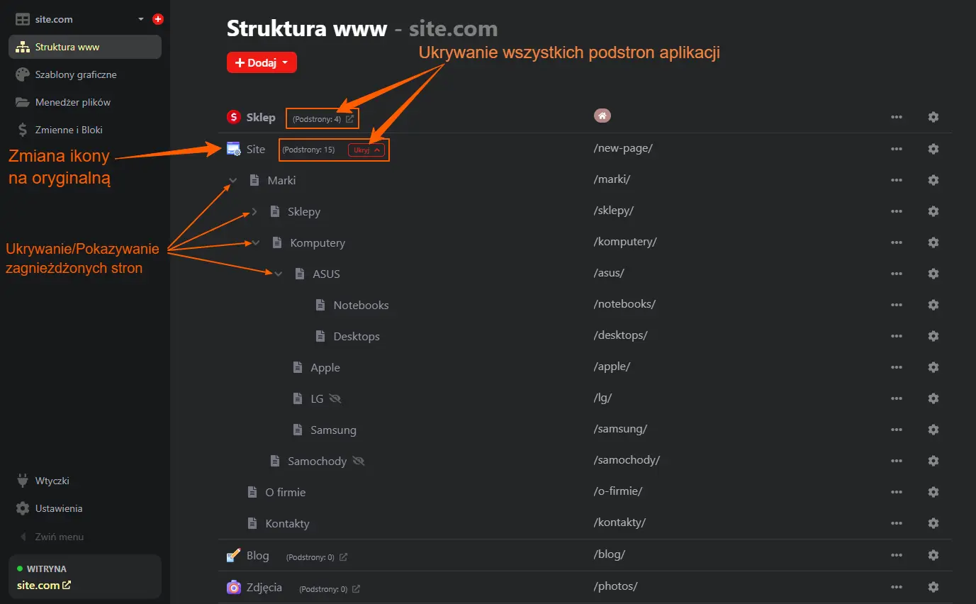 Ukrywanie/rozwijanie podstron strony