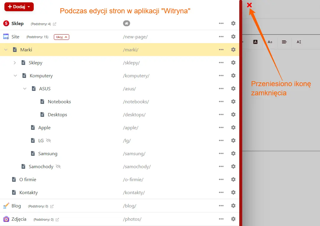 Sekcja edycji stron