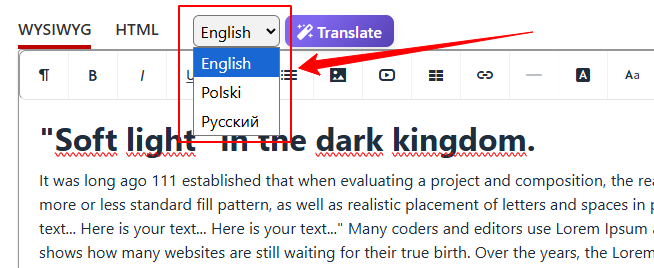 Przełączanie pomiędzy stronami w edytorze