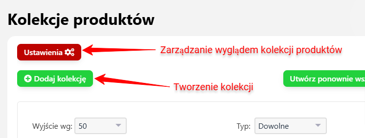 Przyciski „Ustawienia” i „Dodaj kolekcję”