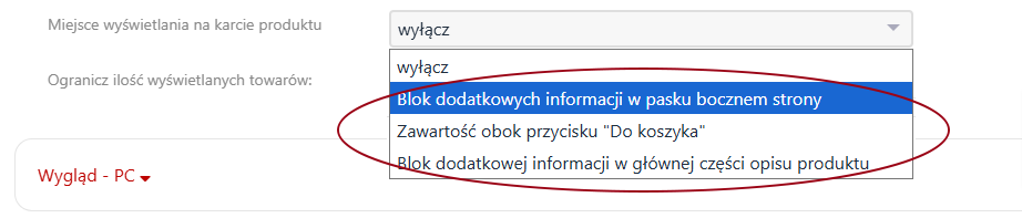 Miejsce wyświetlania bloku produktów