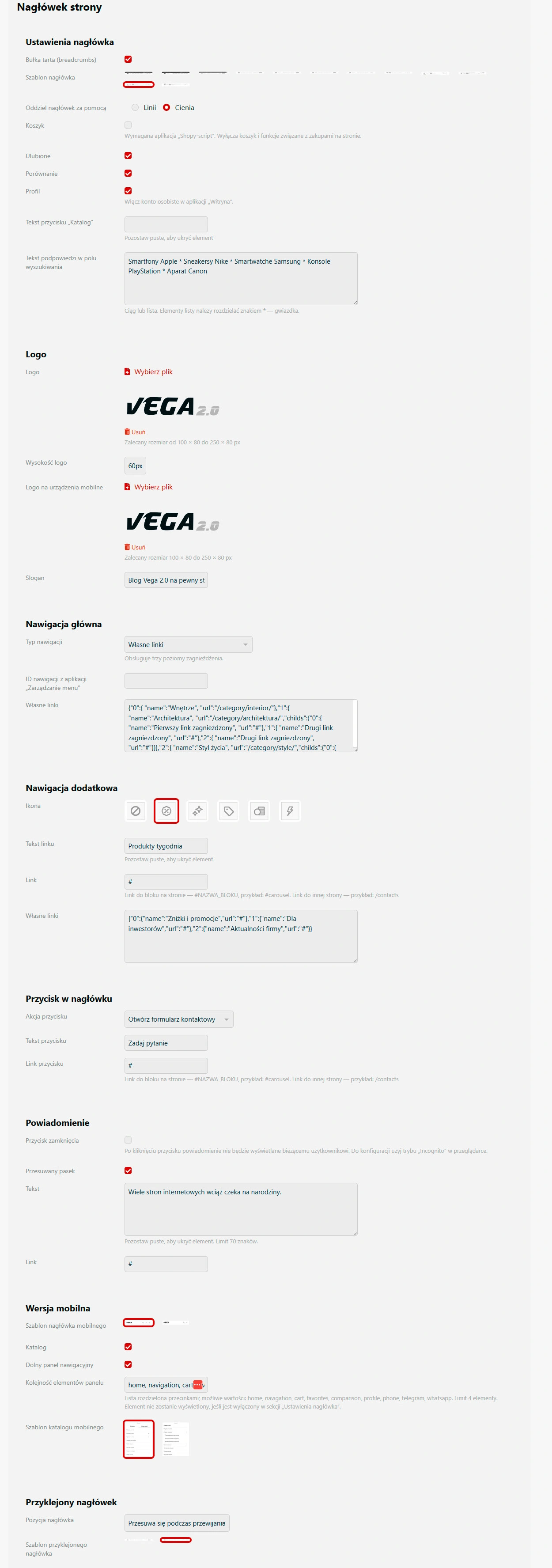 Zrzut ekranu ustawień 2 'Vega Blog 2.0'