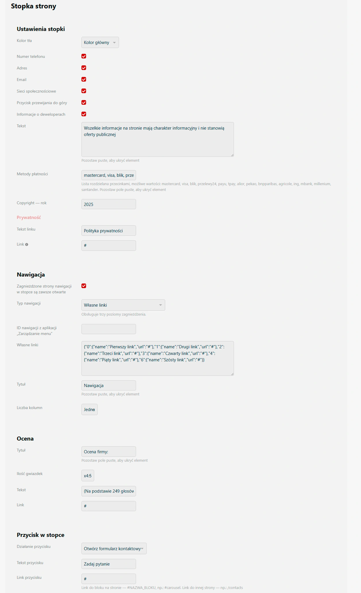 Zrzut ekranu ustawień 7 'Vega Blog 2.0'