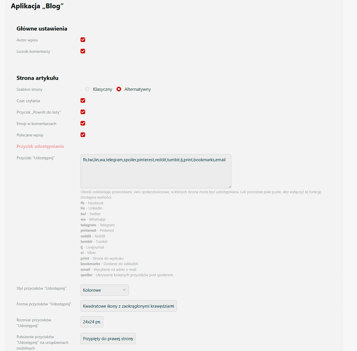 Zrzut ekranu ustawień 9 'Vega Blog 2.0'