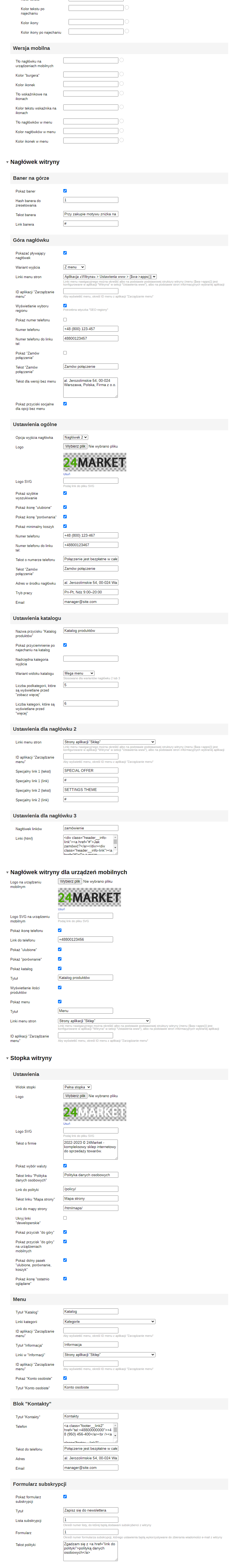 Zrzut 2 ustawień motywu '24Market'