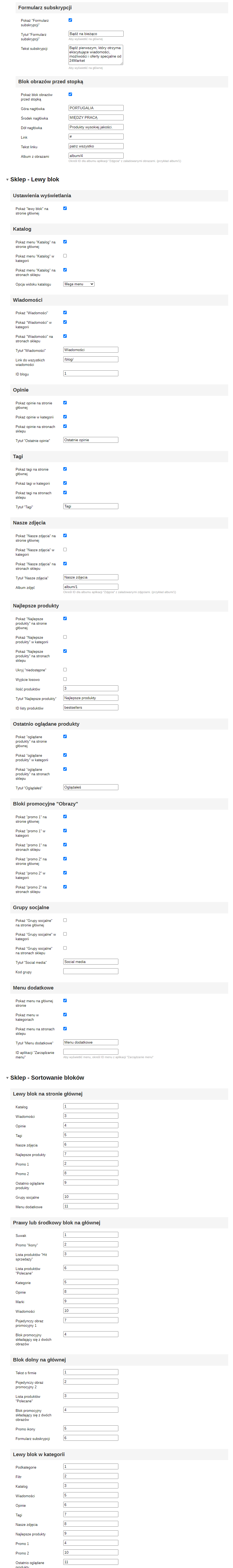 Zrzut 4 ustawień motywu '24Market'