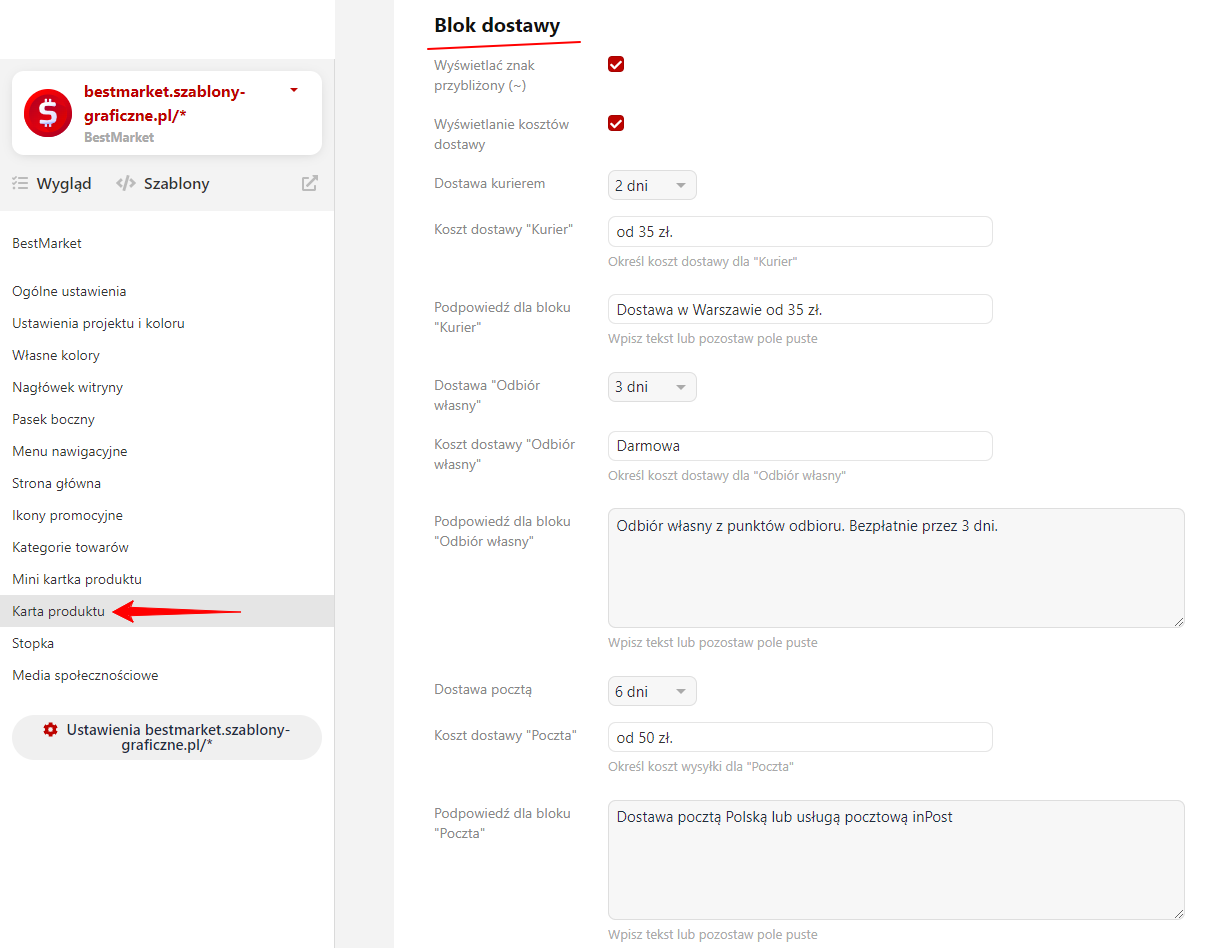 Ustawienia bloku dostawy