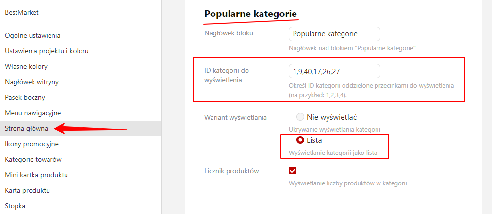 Konfiguracja popularnych kategorii