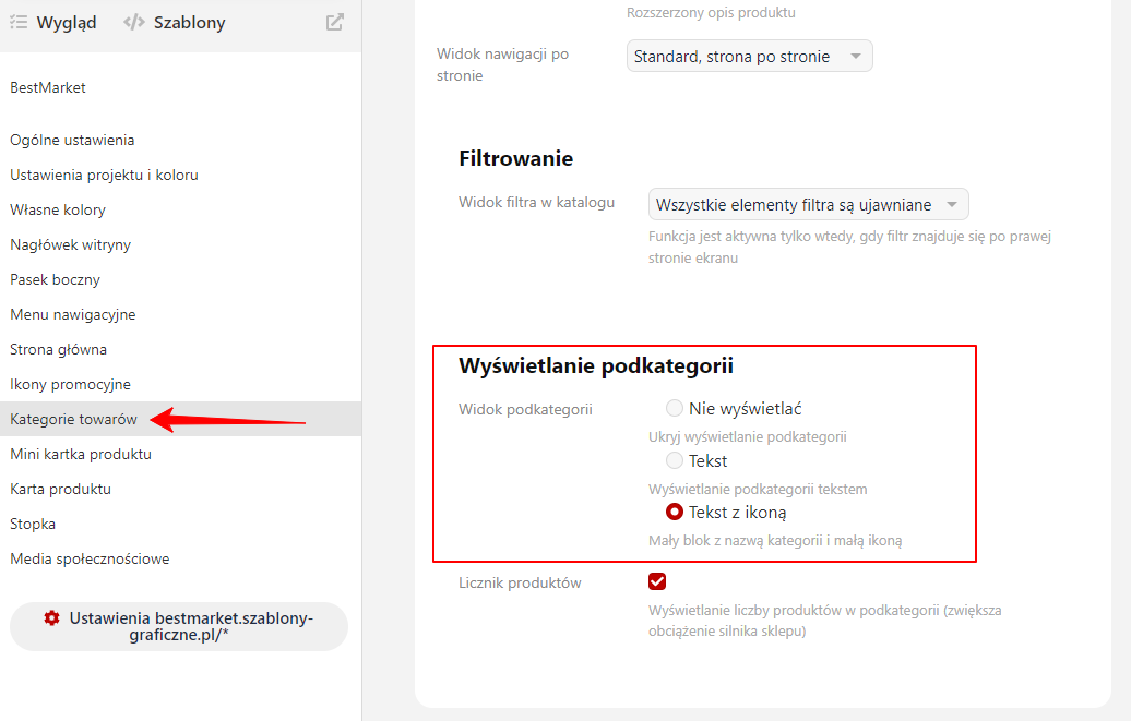 Konfiguracja wyświetlania podkategorii