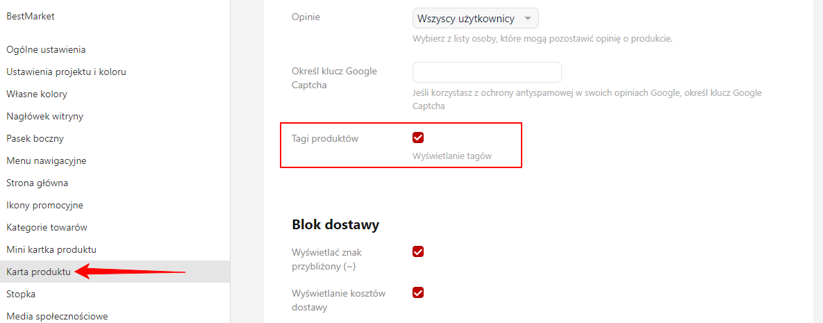 Włączenie tagów na karcie produktu