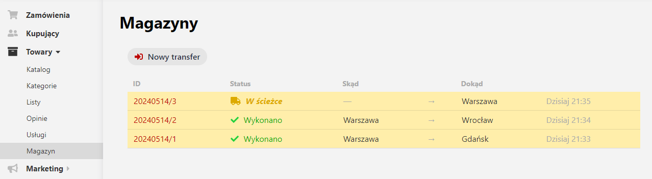 Przemieszczania towarów między magazynami