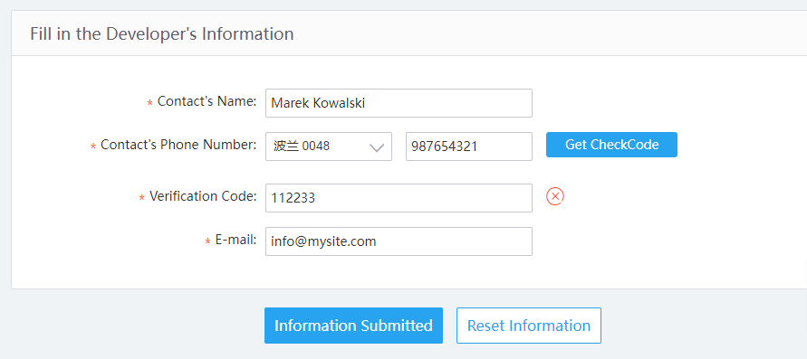Kontaktowy formularz deweloperza (Rejestracja API aplikacji AliExpress)