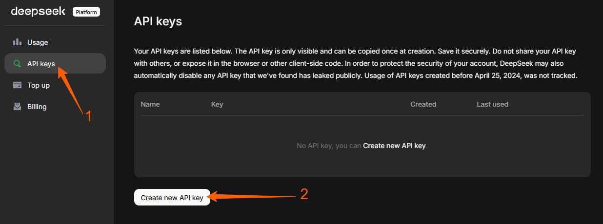 Sekcja uzyskania klucza API DeepSeek