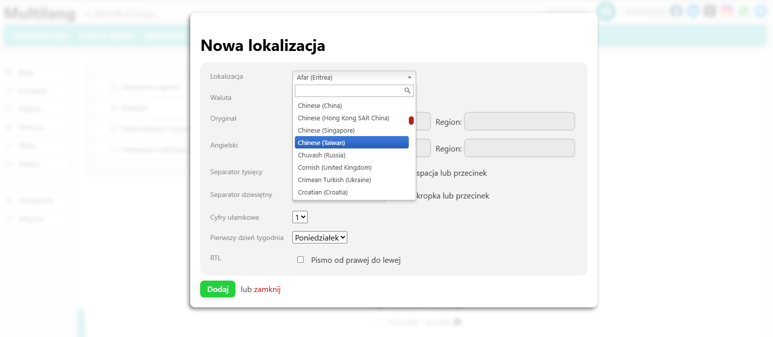 Dodawanie nowej lokalizacji i parametrów