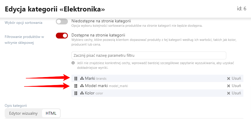 Podłączanie cechy do filtra kategorii