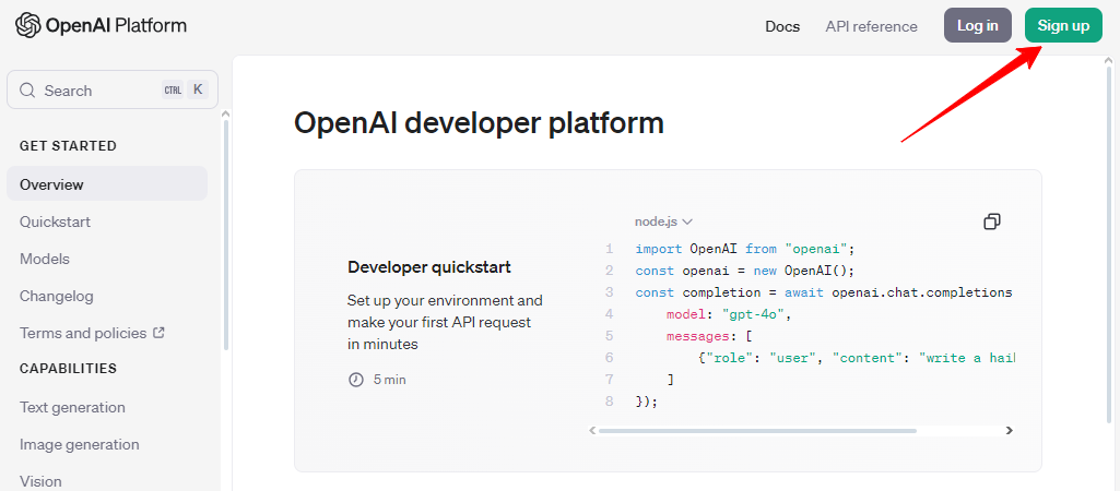 Przycisk rejestracji na platformie OpenAI