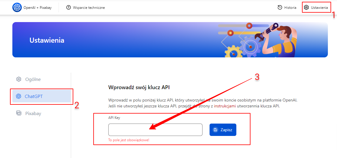 Wprowadzenie klucza API w ustawieniach