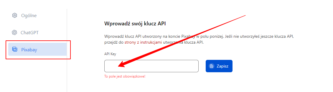 Wstawianie klucza API do aplikacji OpenAI + Pixabay