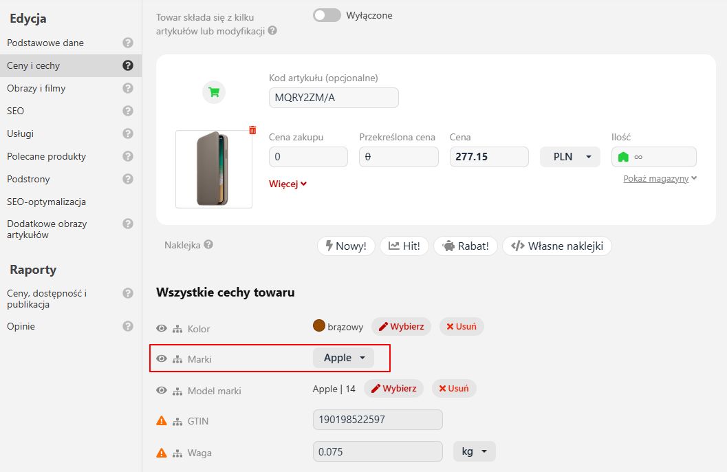 wypełnianie cechy dla produktów