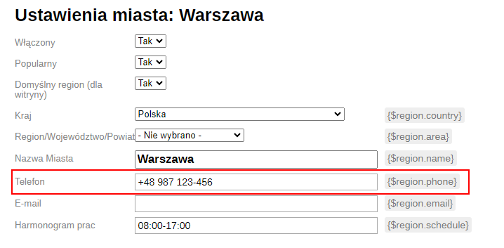 Numer telefonu w ustawieniach witryny (SEO-regiony)