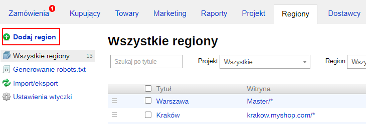 Przycisk Dodaj region (SEO-regiony)